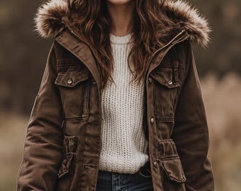 Women's Vintage Fur Hooded Work Windbreaker Jacket | Warm Winter Utility Coat