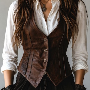 May include: A brown leather vest with three decorative buttons over a white button-down shirt. The vest has a V-neck and a tailored fit. The outfit is completed with dark brown pants and gloves. A pendant necklace is visible.