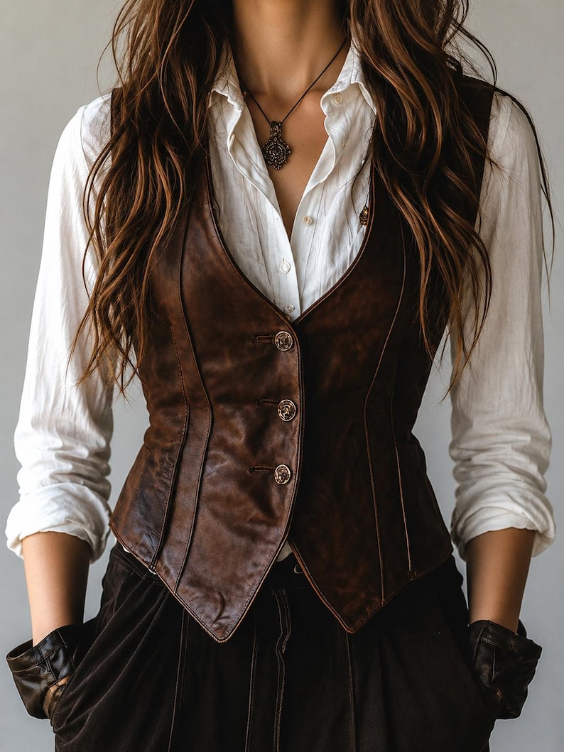 May include: A brown leather vest with three decorative buttons over a white button-down shirt. The vest has a V-neck and a tailored fit. The outfit is completed with dark brown pants and gloves. A pendant necklace is visible.