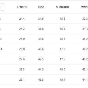 May include: A white size chart table for clothing with columns for US size, length, bust, shoulder, waist, and sleeves. The rows list sizes from XS to 3XL with corresponding numerical values for each measurement category in a clear, grid-like layout.