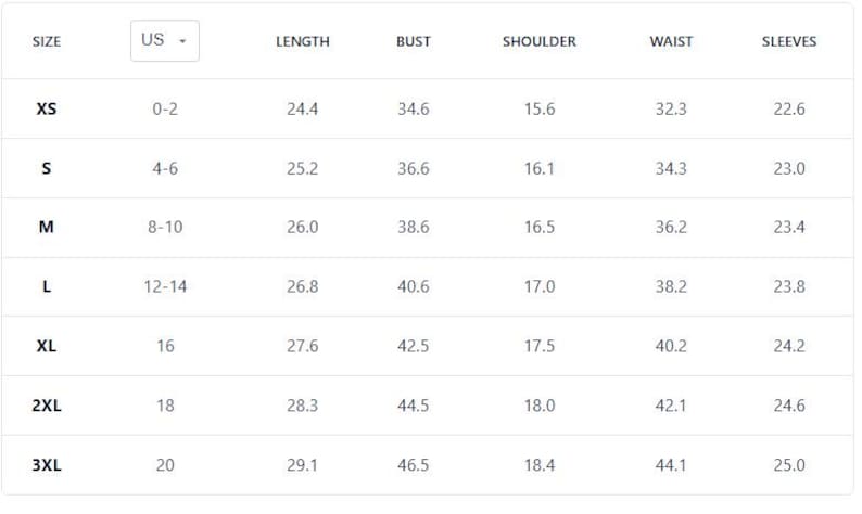 May include: A white size chart table for clothing with columns for US size, length, bust, shoulder, waist, and sleeves. The rows list sizes from XS to 3XL with corresponding numerical values for each measurement category in a clear, grid-like layout.