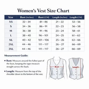 May include: A size chart for a vest with a table listing sizes from XS to 3XL, including bust and length measurements in inches and centimetres. Below the table, a measurement guide illustrates how to measure the bust and length on a vest.