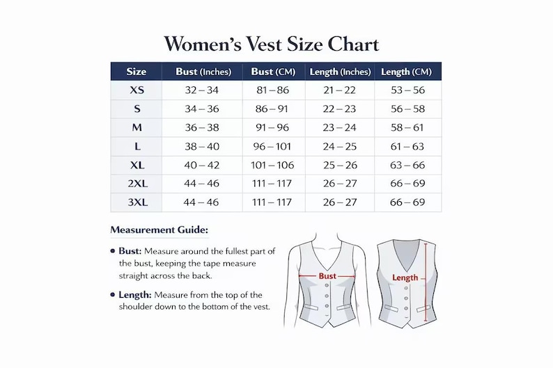 May include: A size chart for a vest with a table listing sizes from XS to 3XL, including bust and length measurements in inches and centimetres. Below the table, a measurement guide illustrates how to measure the bust and length on a vest.