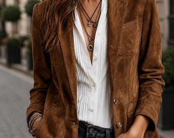 Women's Retro Contrast Stitching Suede Blazer, Vintage Suede Jacket