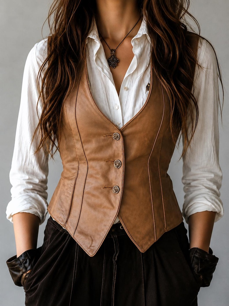 May include: A brown leather vest with three decorative buttons. The vest is worn over a white button-down shirt. The image shows a close-up of the vest, highlighting its tailored design and the texture of the leather.