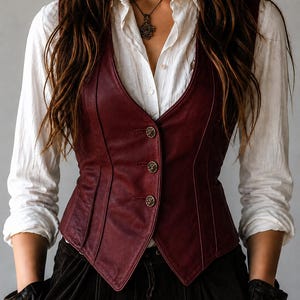May include: A burgundy leather vest with three decorative buttons. The vest is worn over a white button-down shirt. The model is also wearing black pants and a necklace. The vest has a V-neck and a tailored fit.