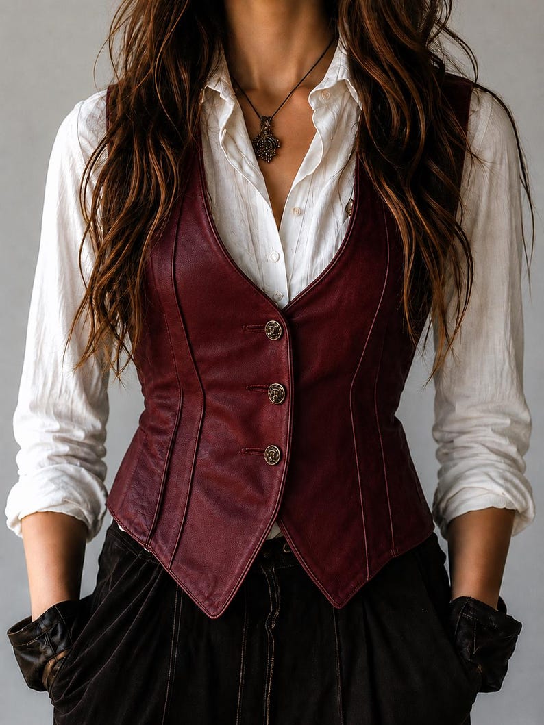 May include: A burgundy leather vest with three decorative buttons. The vest is worn over a white button-down shirt. The model is also wearing black pants and a necklace. The vest has a V-neck and a tailored fit.