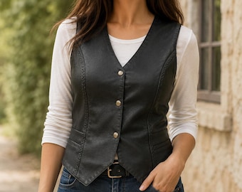 Women’s Hand Braided Leather Motorcycle Vest Deep V Cowhide Biker Waistcoat Lace Side Top