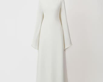 A-Line Pearl Trim Maxi Dress Off White | Modest Tzniut Gown | Elegant Shabbat Dress