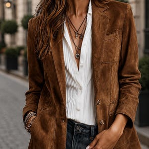 May include: A brown suede blazer featuring a notched lapel, two front patch pockets, and two buttons. The blazer is worn over a white button-down shirt with vertical pleats, paired with dark blue denim jeans and layered metal necklaces.