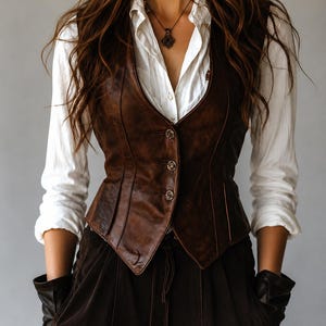 May include: A brown leather vest with three buttons, worn over a white button-down shirt. The vest has a fitted design and is paired with dark brown shorts and black gloves. A necklace with a pendant is visible.
