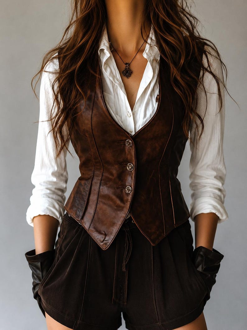 May include: A brown leather vest with three buttons, worn over a white button-down shirt. The vest has a fitted design and is paired with dark brown shorts and black gloves. A necklace with a pendant is visible.