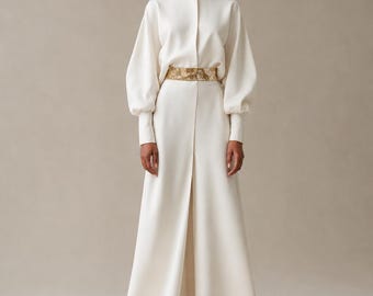 Ivory Wax Print Maxi Dress – High Neck Minimalist Bridal Gown Long Sleeve