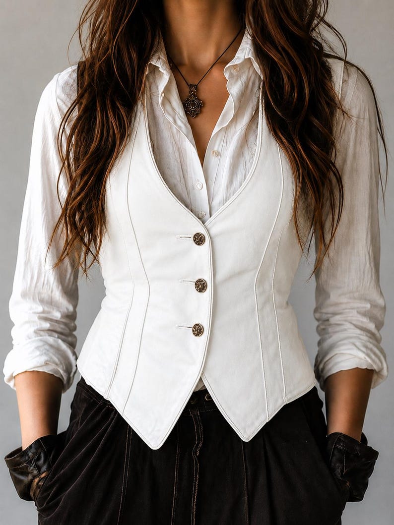 May include: A white leather vest with three decorative buttons. The vest is worn over a white button-down shirt. The image also shows a black necklace and black gloves. The vest has a tailored fit and a V-neck design.