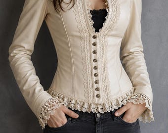 Handmade Black Genuine Leather Lace Jacket Women | Gothic Fitted Leather Coat