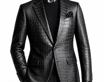 Men’s Crocodile Embossed Black Leather Blazer