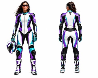 Dames motorracepak in blauw-wit, premium leren motorpak met CE-bescherming, op maat gemaakt motorracepak.