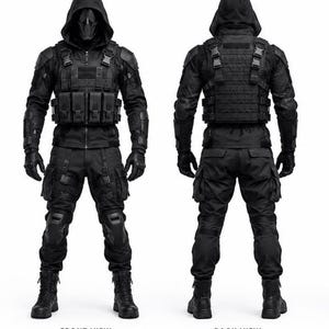 Può includere: Un completo tattico interamente nero, composto da una giacca con cappuccio, un gilet modulare con tasche multiple, pantaloni cargo con ginocchiere e stivali da combattimento. L'insieme è mostrato sia di fronte che di spalle con l'attrezzatura.