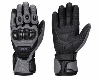 Guantes de moto de cuero negro gris medio con protección rígida para los nudillos. Guantes de competición y turismo de primera calidad con certificación CE.