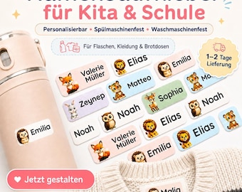 Personalisierte Namensaufkleber für Kinder 3x1,3cm – wasserfest, spülmaschinenfest – Kita, Schule und Alltag