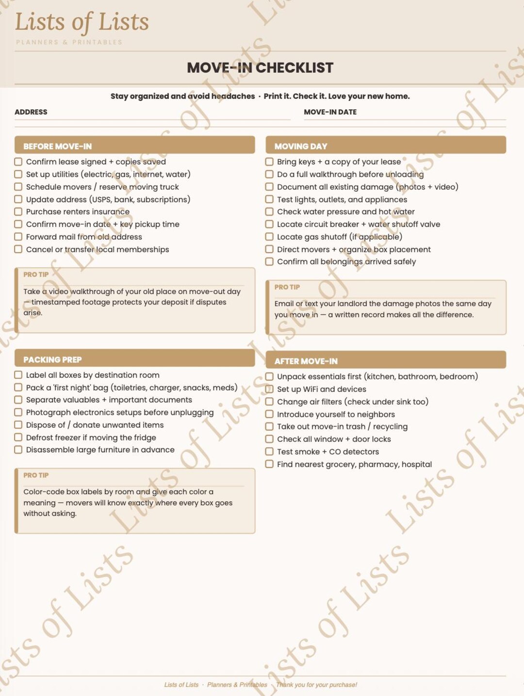 Move in Checklist Printable | Moving Checklist PDF | Moving Planner ...