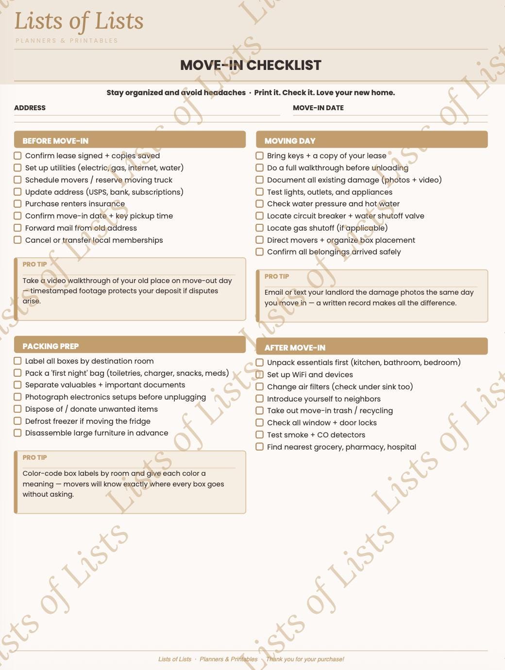 Move in Checklist Printable | Moving Checklist PDF | Moving Planner ...
