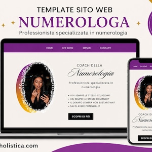 May include: A laptop and smartphone show a website template for a numerologist. The design includes a woman's portrait, the text "Numerologa," and a 50% discount badge. The Canva logo is visible.