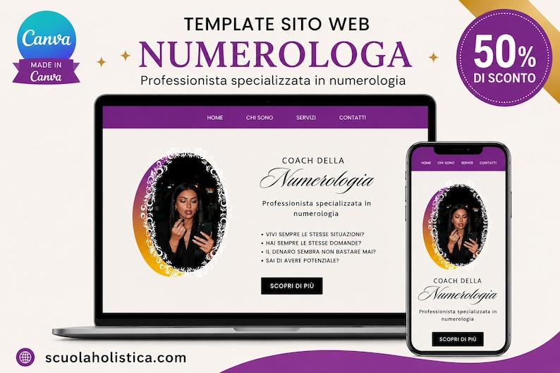 May include: A laptop and smartphone show a website template for a numerologist. The design includes a woman's portrait, the text "Numerologa," and a 50% discount badge. The Canva logo is visible.