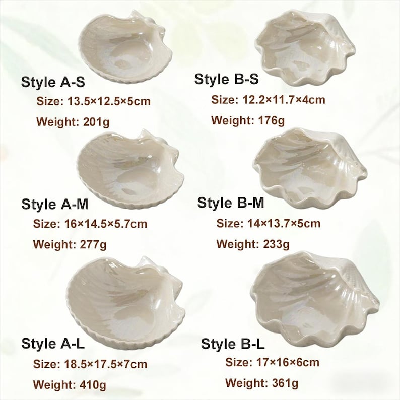 May include: A collection of six off-white seashell-shaped ceramic dishes. Each dish is labeled with a style designation and size in centimeters, along with its weight in grams. The sizes range from 12.2cm x 11.7cm x 4cm to 18.5cm x 17.5cm x 7cm.