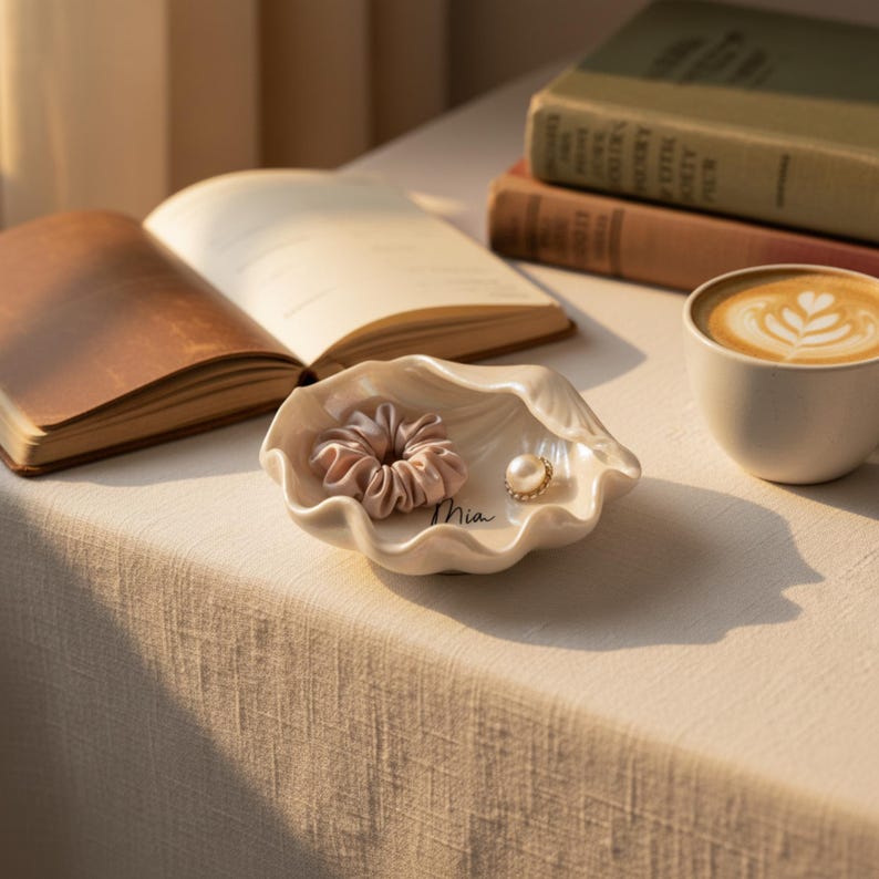 May include: A cream-colored, seashell-shaped trinket dish holds a pink scrunchie and a pearl-like bead. The dish is inscribed with the name "Mia" in cursive. A cup of coffee and open books are in the background.