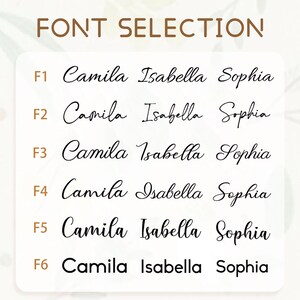 May include: A graphic displaying font options for names. The text "FONT SELECTION" is at the top. Six font styles are shown, each displaying the names "Camila Isabella Sophia" in different cursive and block letter styles.