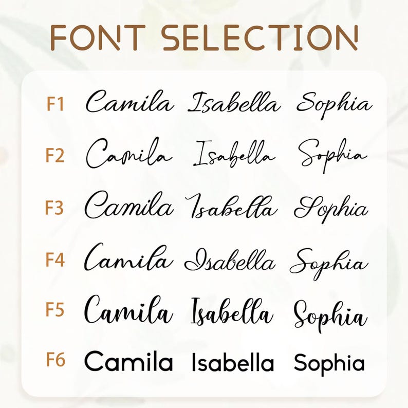 May include: A graphic displaying font options for names. The text "FONT SELECTION" is at the top. Six font styles are shown, each displaying the names "Camila Isabella Sophia" in different cursive and block letter styles.