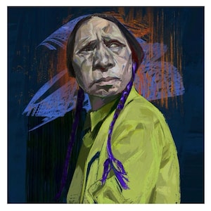 Puede incluir: Retrato expresivo de una persona con expresión seria, con camisa verde claro y trenzas moradas. La obra presenta un fondo azul oscuro con pinceladas naranjas y azules, creando un efecto texturizado. El estilo es pictórico.