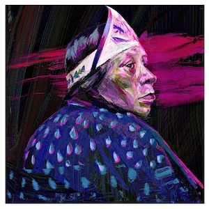 Puede incluir: Retrato artístico de una persona de perfil, vestida con una prenda azul con un patrón de formas de lágrima blancas y rosas. La persona lleva un tocado blanco con diseños geométricos. El fondo es oscuro con vetas rojas y rosas.
