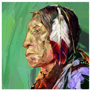 Puede incluir: Retrato artístico de un hombre nativo americano de perfil, realizado con pinceladas audaces. La obra presenta un fondo verde y el hombre está adornado con una pluma en el pelo, mostrando colores rojo, blanco y negro.