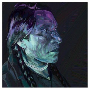 Peut inclure: Portrait de profil aux tons froids de bleu, violet et vert. Le sujet a les cheveux foncés, une tresse et un collier de perles. L'œuvre est réalisée dans un style pictural avec des coups de pinceau visibles.