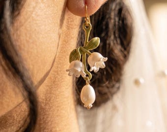 Lily Valley Pearl Earrings Elegant White Flower Drop Bridal Party Jewelry