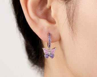 Silver Butterfly Drop Earrings 925 Sterling Silver Zircon Inlaid Geometric Insect Hoop Jewelry