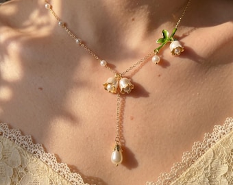 Collar Lirio Valles Perla Elegante Flor Blanca Colgante Joyas Novia Regalo