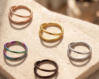 Double Septum Hoop Ring Stacked Nose Cartilage Earring 16G Hinged Clicker Piercing Jewelry