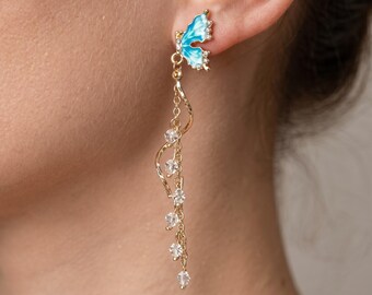 Blue Butterfly Pearl Earrings Long Tassel Drop Jewelry Mothers Day Gift