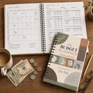 May include: A budget planner with a spiral binding, open to a calendar and budget pages. The cover reads "Budget Planner" with the text "Save new habits start here." There are dollar bills, coins, and a cup of coffee on the wooden surface.