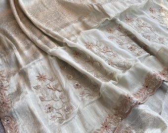 Khaddi Georgette Banarasi Saree | Offwhite Zardozi Handwork Reception Saree