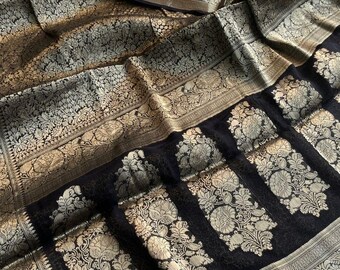 Pure Khaddi Georgette Banarasi Saree | Handloom Zari Weaving | Wedding Guest Reception Wear