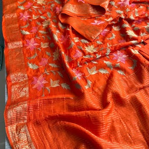 Rust Orange Resham Embroidered Silk Saree | Banarasi Zari Border Saree | Handcrafted Floral Embroidered Saree For Women
