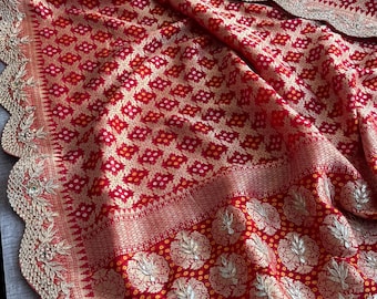 Khaddi Georgette Banarasi Saree | Zari Weaving Gotapatti Work Scallop Border Gharchola | Festive Indian Wedding