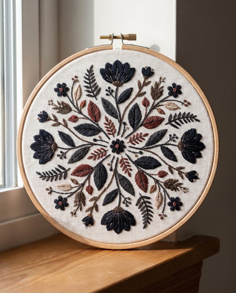 May include: A circular wooden embroidery hoop containing a piece of off-white fabric with a hand-stitched floral mandala design. The embroidery features dark navy, rust-colored, and beige thread depicting symmetrical flowers, leaves, and ferns.