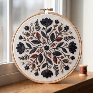 May include: A circular wooden embroidery hoop containing a piece of off-white fabric with a symmetrical floral design stitched in dark charcoal, rust, and beige thread, featuring various leaves, ferns, and blossoms arranged in a radial pattern.