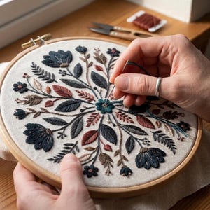 May include: A circular wooden embroidery hoop containing off-white fabric with a hand-stitched floral pattern. The design features dark blue, rust-colored, and beige thread depicting symmetrical flowers, leaves, and stems radiating from the center.