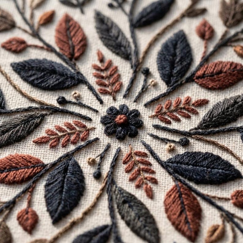 May include: An embroidery piece on beige fabric featuring a central dark flower surrounded by a radial pattern of leaves and stems. The design uses thread in shades of dark charcoal, rust orange, and brown to create a botanical motif.